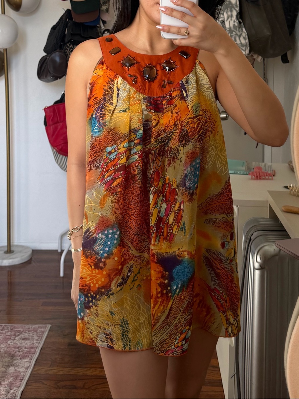 Vintage Piano butterfly patterned jeweled neckline mini tank dress